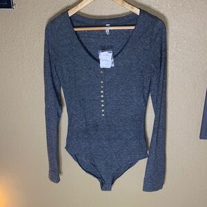 Free People Charcoal Long Sleeve Bodysuit